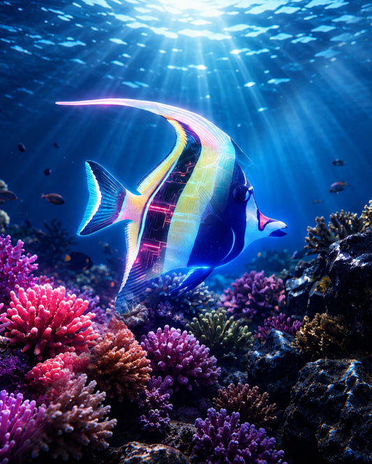 Moorish idol Zanclus cornutus with long white dorsal filament rendered as CECOZ Genesis Digital Soul #008 NFT artwork