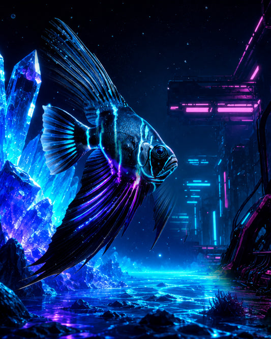 Humpback Batfish with flowing fins among blue crystals, rare reef drifter — CECOZ Genesis Digital Soul #006