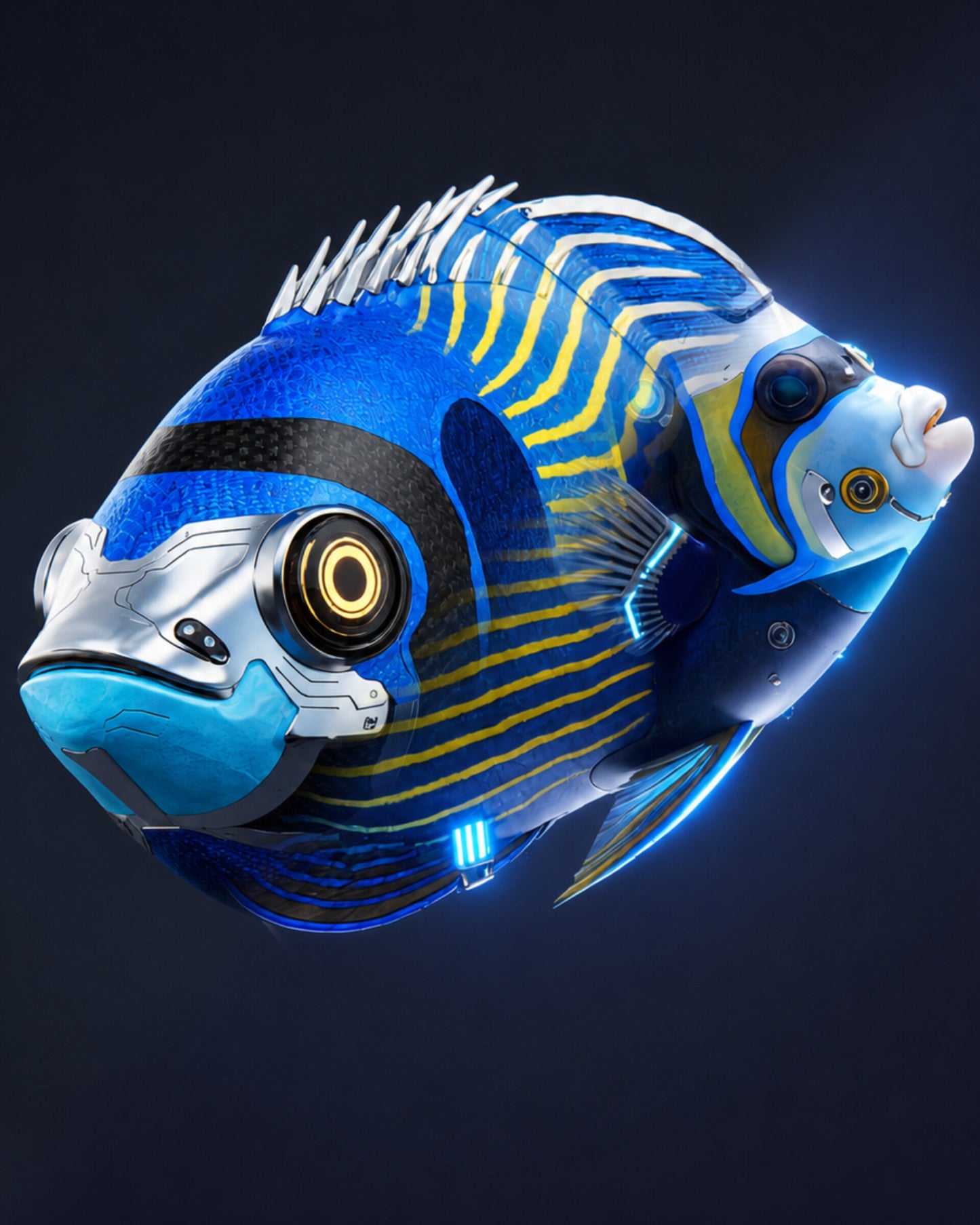 Emperor Angelfish cybernetic NFT artwork with glowing golden eye, blue and yellow neon body — CECOZ Genesis Digital Soul #003
