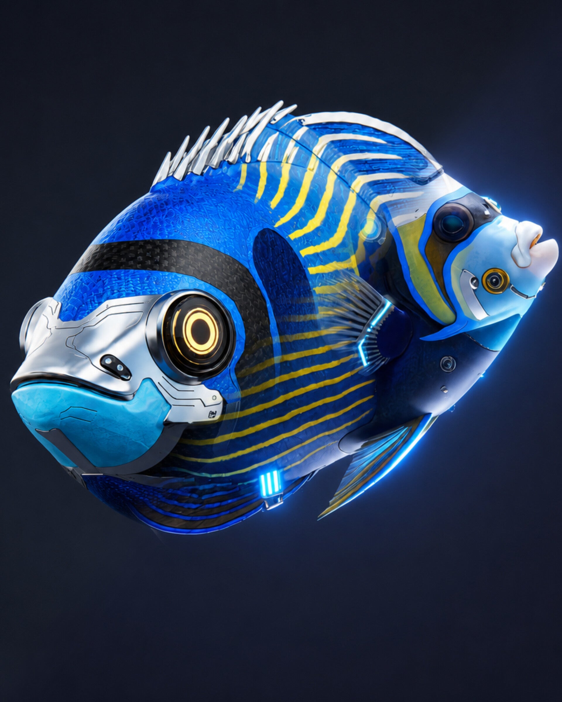 Emperor Angelfish cybernetic NFT artwork with glowing golden eye, blue and yellow neon body — CECOZ Genesis Digital Soul #003