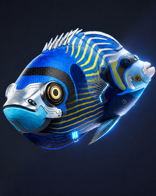 Emperor Angelfish cybernetic NFT artwork with glowing golden eye, blue and yellow neon body — CECOZ Genesis Digital Soul #003