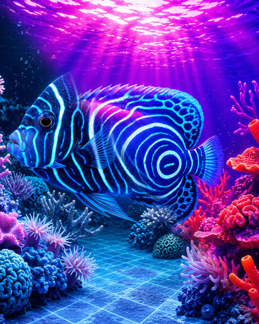 Juvenile Emperor Angelfish with glowing concentric blue rings, neon reef art — CECOZ Genesis Digital Soul #004