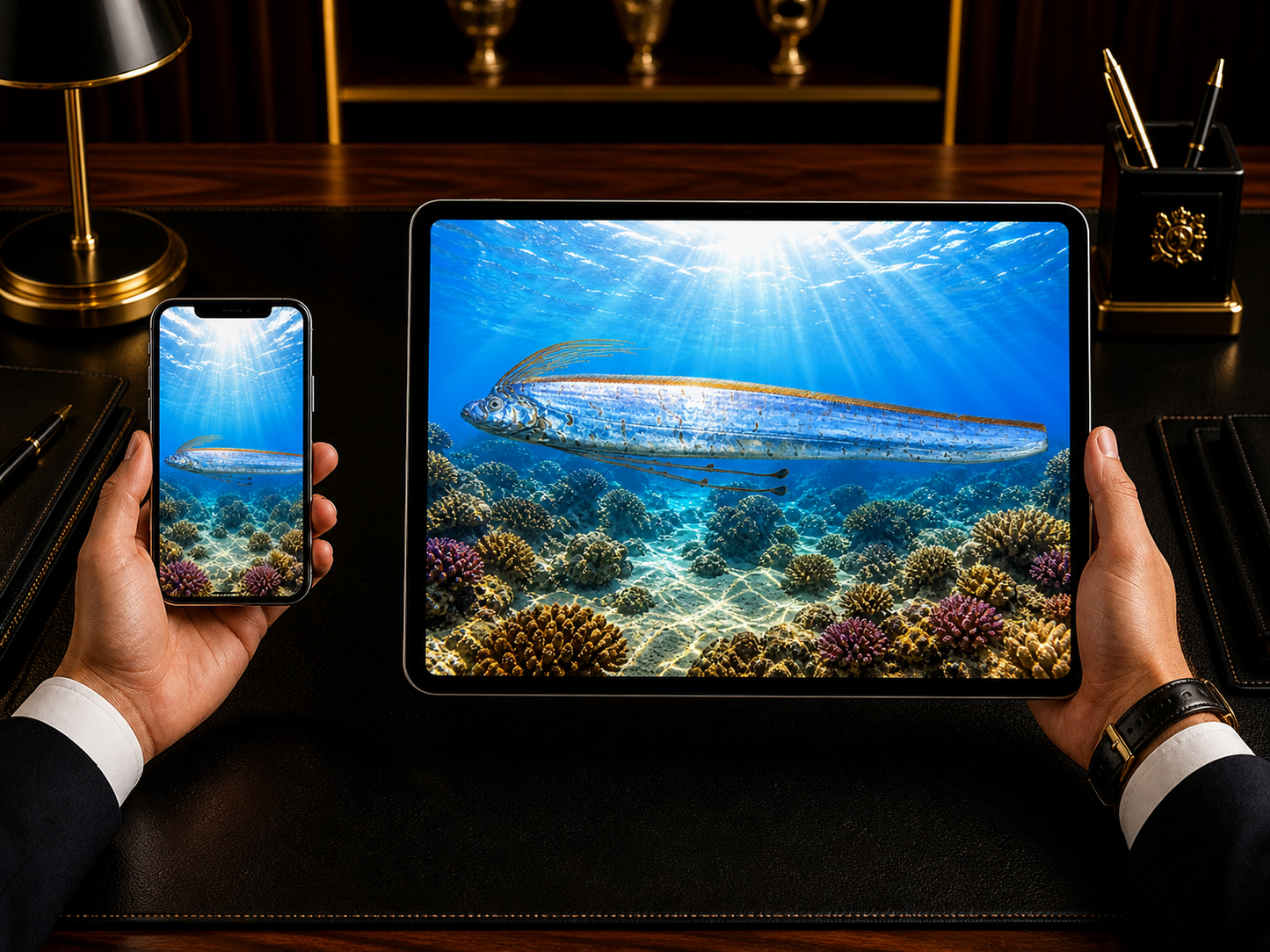 Digital marine atlas and infographic care card of the Giant Oarfish (Regalecus glesne) showcasing its incredibly long, silvery body and striking red dorsal crest.