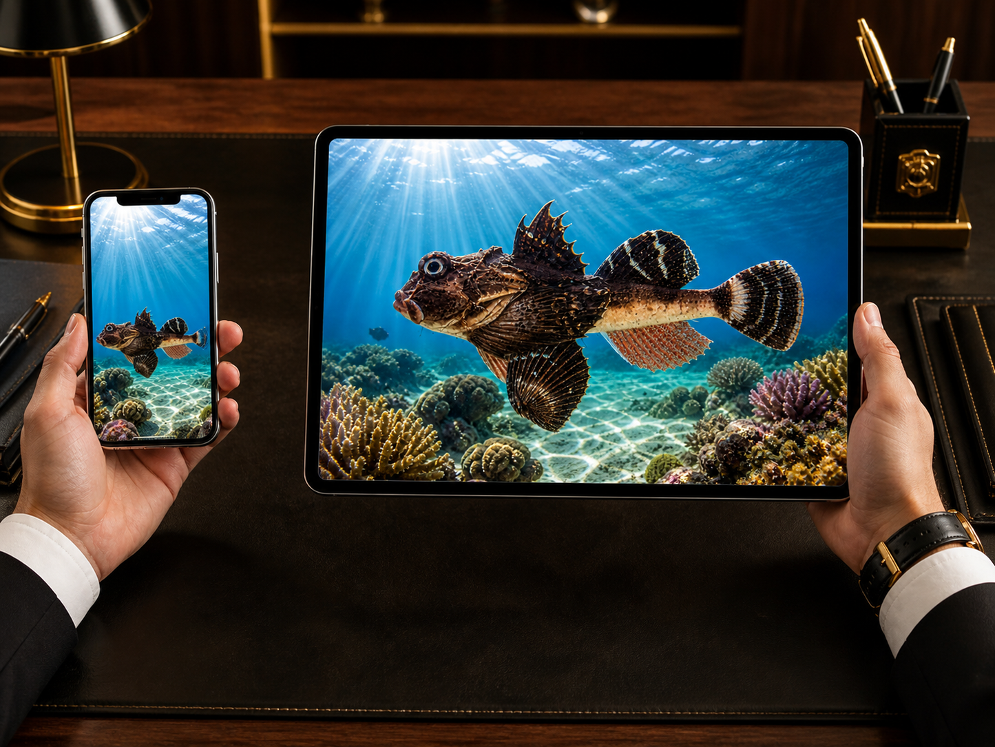 Digital marine atlas and infographic care card of the Antlered Sculpin (Enophrys diceraus) showing its horn-like head features and bottom-dwelling predatory form.