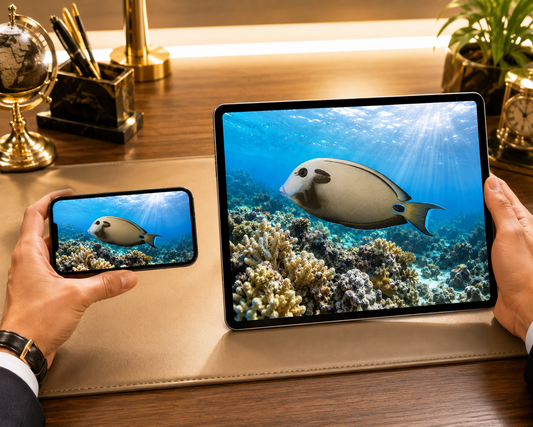 Digital marine atlas and infographic care card featuring the Doubleband Surgeonfish (Acanthurus tennentii), highlighting its streamlined body, paired shoulder markings, and Indian Ocean reef habitat.