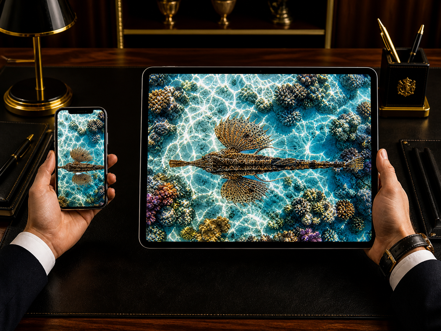 Digital marine atlas and infographic care card of the Dragon Sea Moth (Parapegasus natans) showing its armored body, wing-like fins, and peaceful bottom-swimming form.