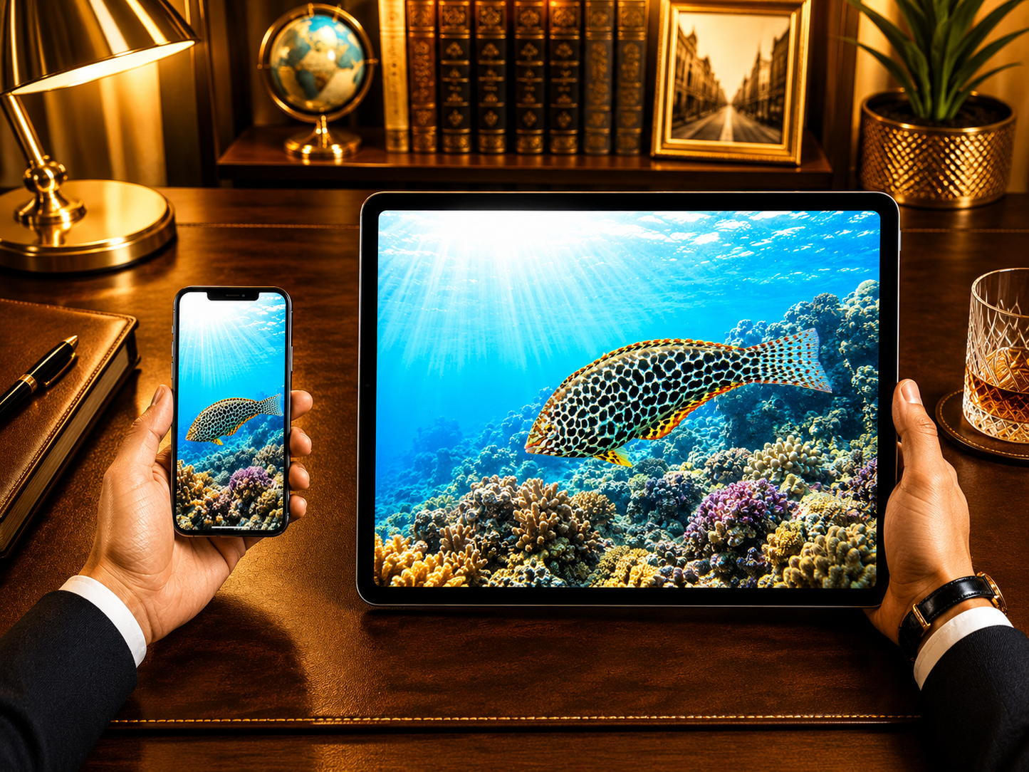 Digital marine atlas and infographic care card of the Guinea Fowl Wrasse (Macropharyngodon meleagris) displaying its intricate dark leopard spotting and vibrant blue borders.
