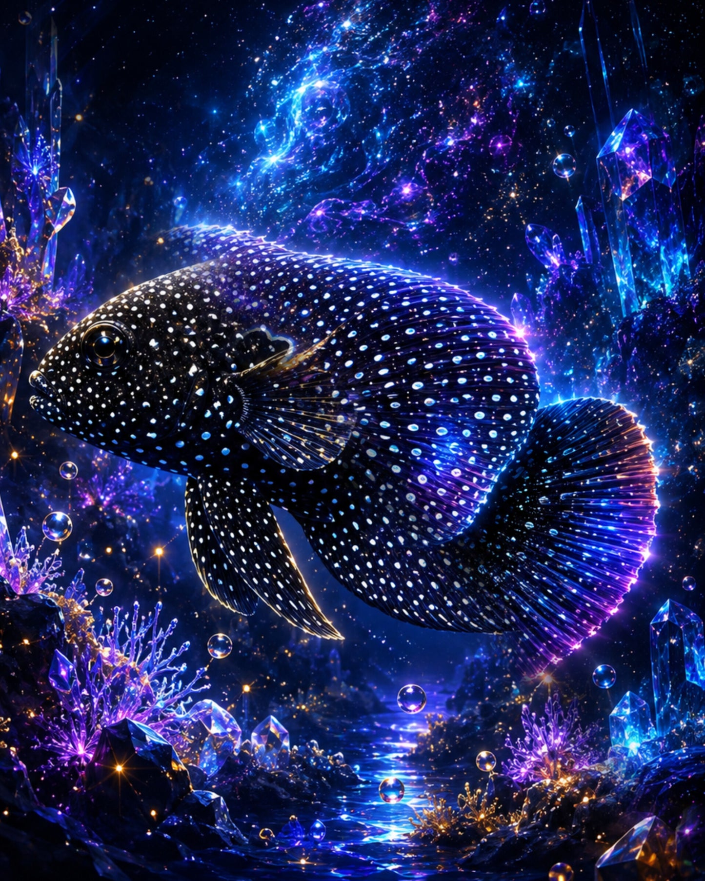 CECOZ Genesis Digital Soul #024 — Comet or Marine Betta (Calloplesiops altivelis), a dark cave-dwelling fish covered in white star-like spots with a false eyespot, rendered as luminous digital art