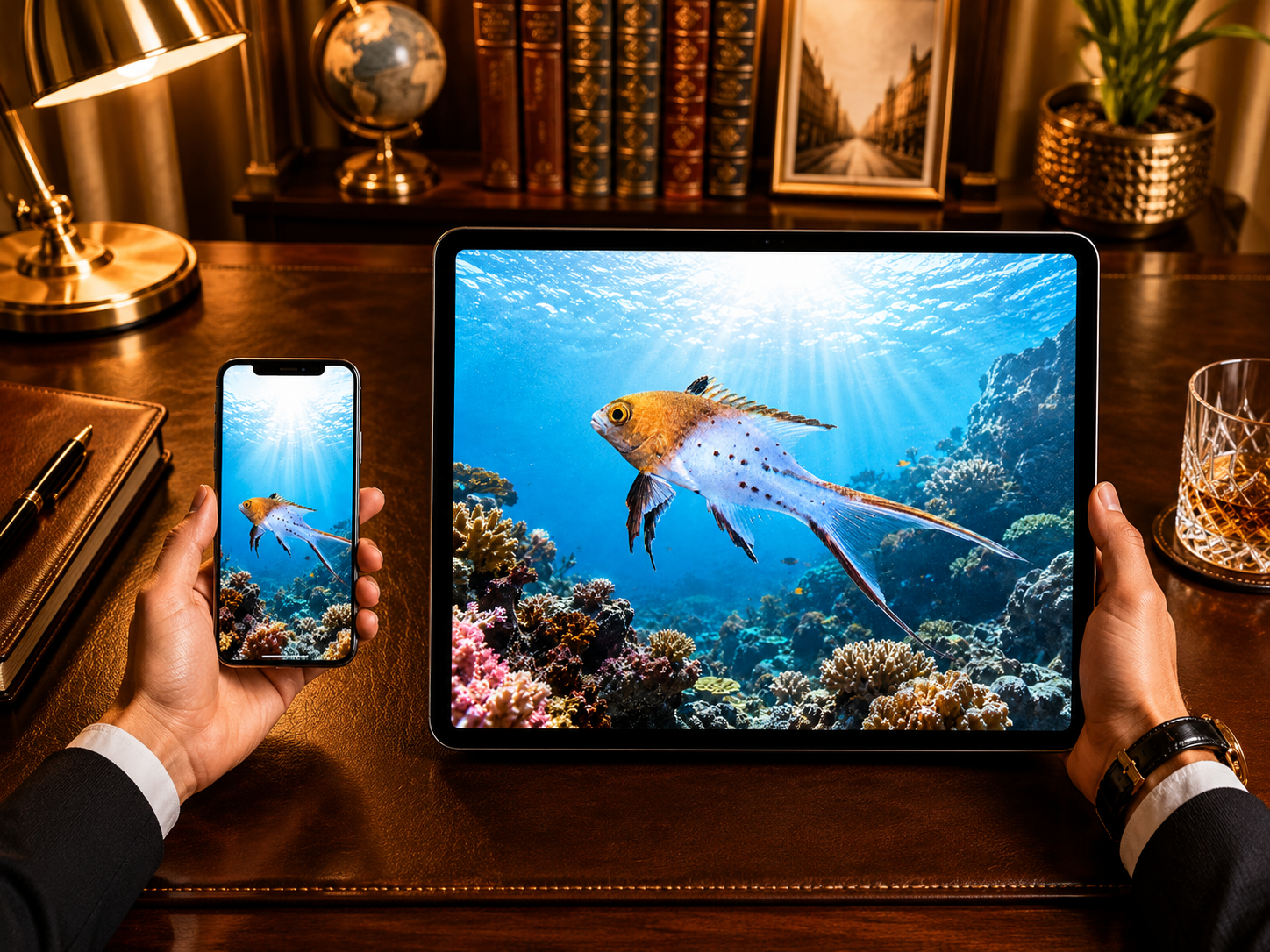 Digital marine atlas and infographic care card of the Lyretail Hogfish (Bodianus anthioides) showcasing its distinct lyre-shaped caudal fin and vibrant reddish-orange head.