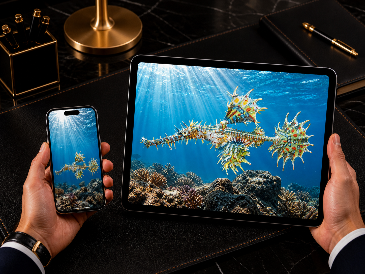 Digital marine atlas and infographic care card of the Robust Ghost Pipefish (Solenostomus cyanopterus) showing its ornate camouflaged body and peaceful reef-associated form.
