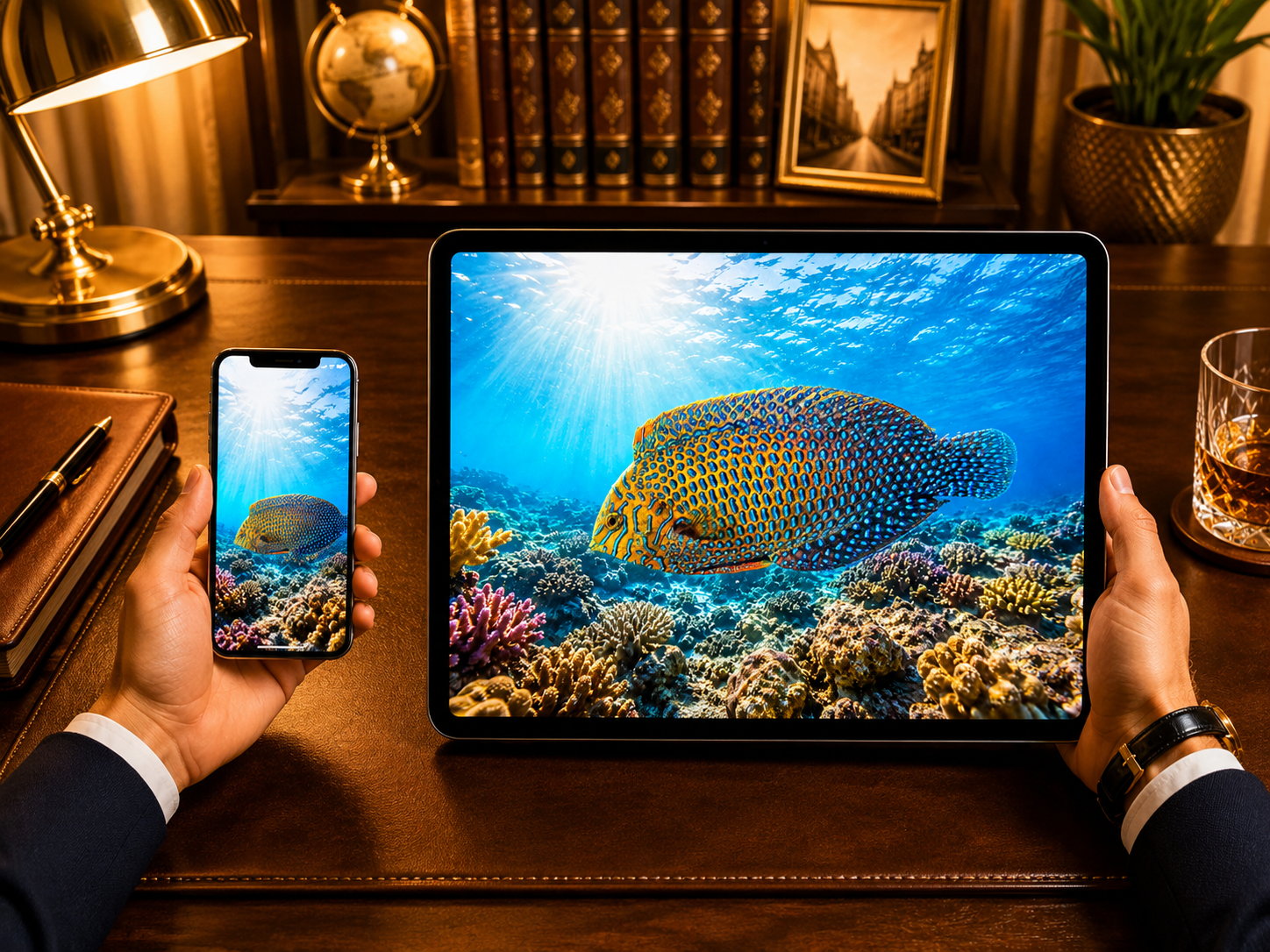 Digital marine atlas and infographic care card of the Geoffroy's Wrasse (Macropharyngodon geoffroyi) displaying its highly intricate blue and orange leopard spots.