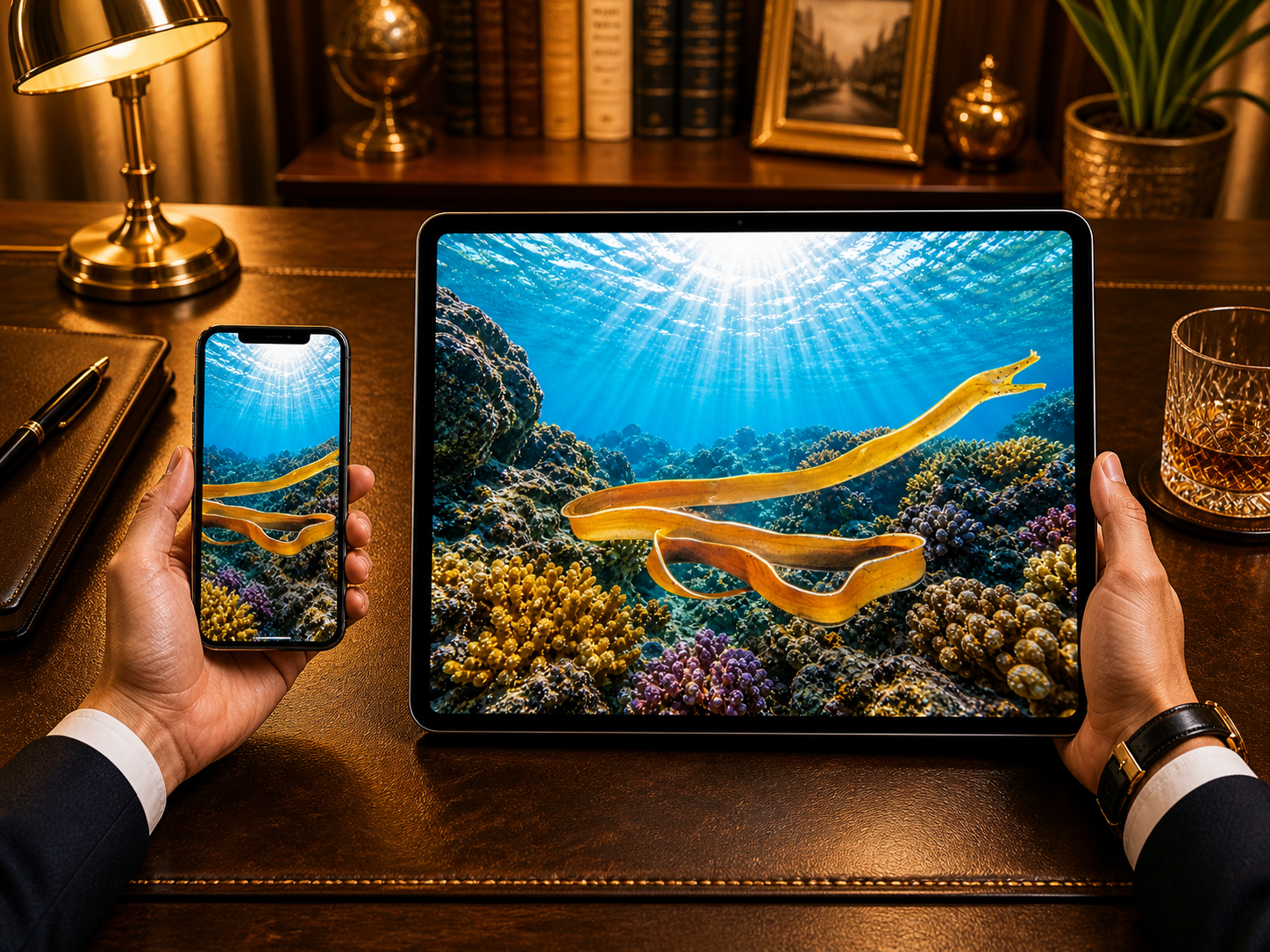Digital marine atlas and infographic care card of the Ribbon Eel (Rhinomuraena quaesita) showcasing its incredibly slender, ribbon-like yellow body and flared nostrils.
