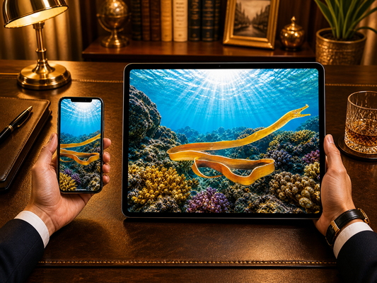 Digital marine atlas and infographic care card of the Ribbon Eel (Rhinomuraena quaesita) showcasing its incredibly slender, ribbon-like yellow body and flared nostrils.