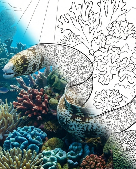 Morena copo de nieve (Echidna nebulosa) | Kit para colorear de Marine Explorer