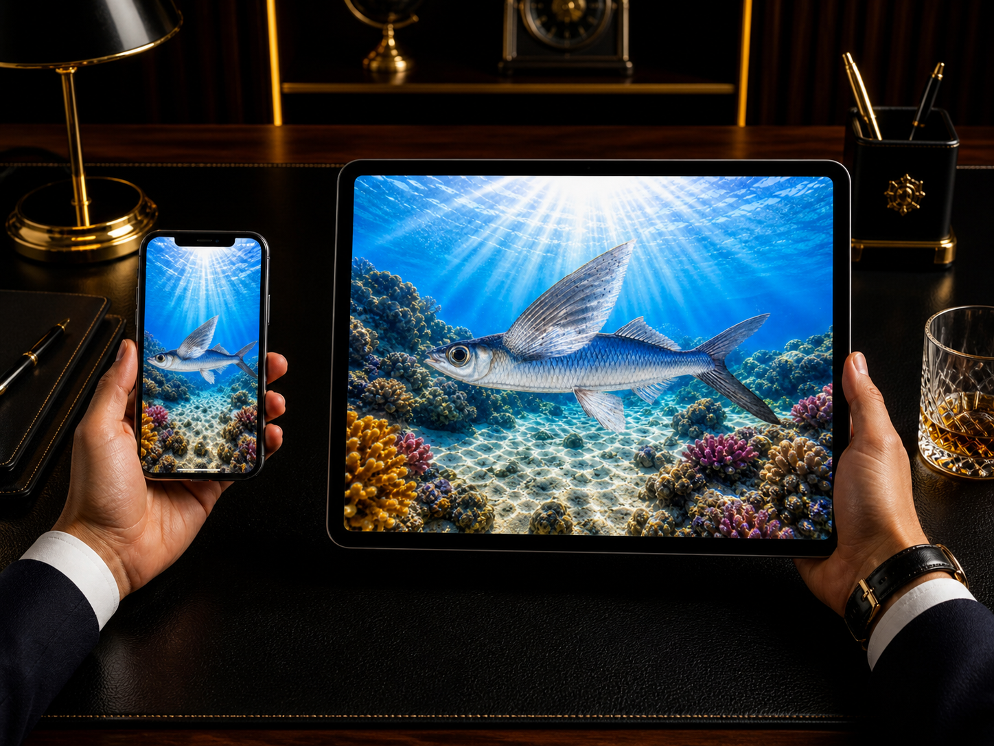 Digital marine atlas and infographic care card of the Glider Flyingfish (Cheilopogon atrisignis) showcasing its sleek silvery body and large, dark wing-like pectoral fins.