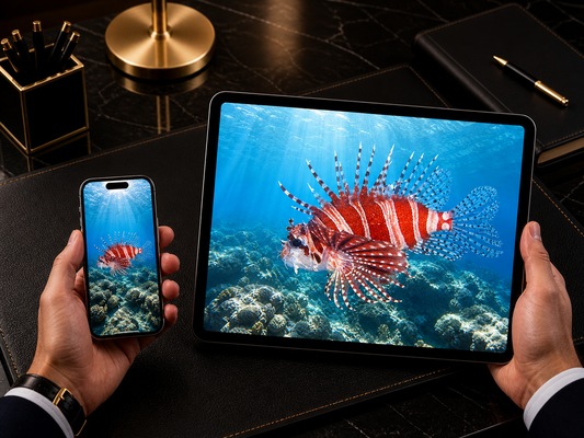 Digital marine atlas and infographic care card of the Zebra Lionfish (Dendrochirus zebra) showing its bold striped body and distinctive predatory reef-fish form.