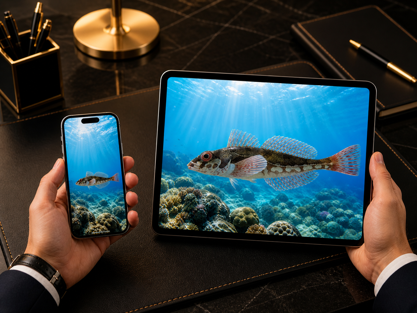 Digital marine atlas and infographic care card of the Sunrise Sculpin (Pseudoblennius cottoides) showcasing its camouflaged body and striking red-striated fins.