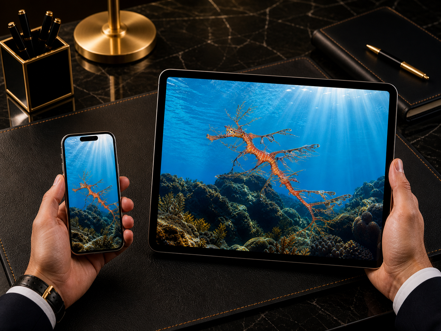 Digital marine atlas and infographic care card of the Leafy Seadragon Deep Water Form (Phycodurus eques) showing its delicate leaf-like body and peaceful mid-water swimming form.