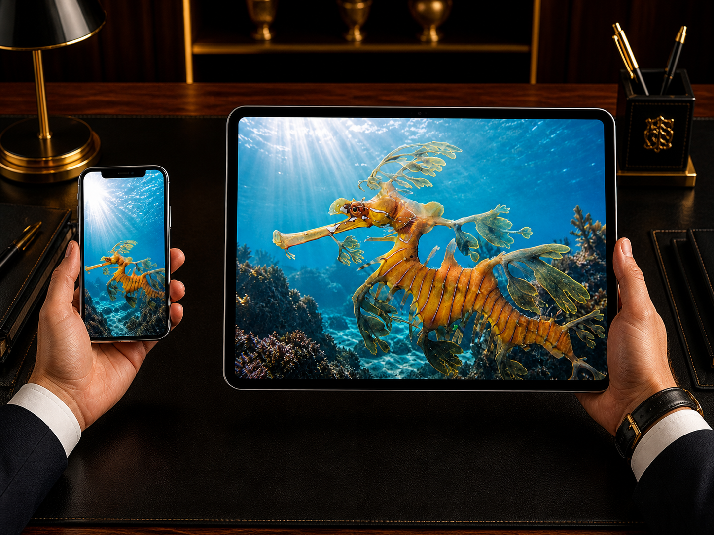 Digital marine atlas and infographic care card of the Leafy Seadragon Golden Form (Phycodurus eques) showing its golden body, leaf-like appendages, and peaceful reef-dwelling form.