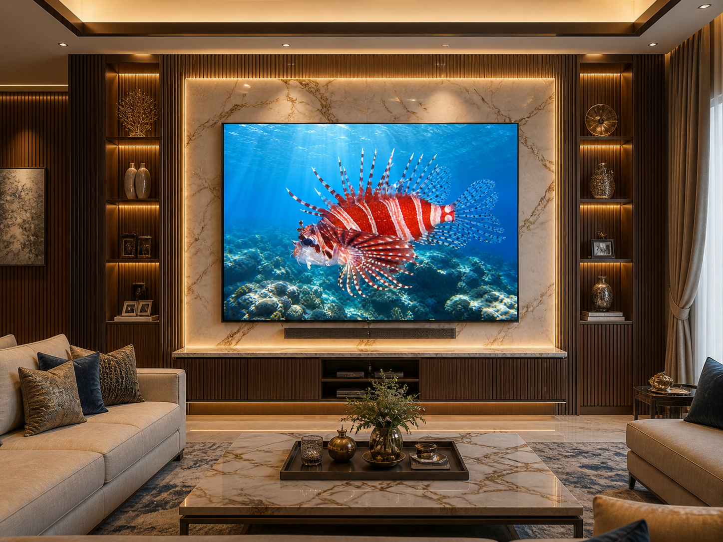 Digital marine atlas and infographic care card of the Zebra Lionfish (Dendrochirus zebra) showing its bold striped body and distinctive predatory reef-fish form.