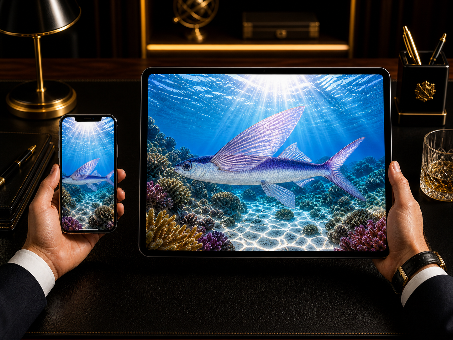 Digital marine atlas and infographic care card of Hirai's Flying Fish (Cypselurus hiraii) showing its streamlined body, wing-like pectoral fins, and peaceful top-swimming form.