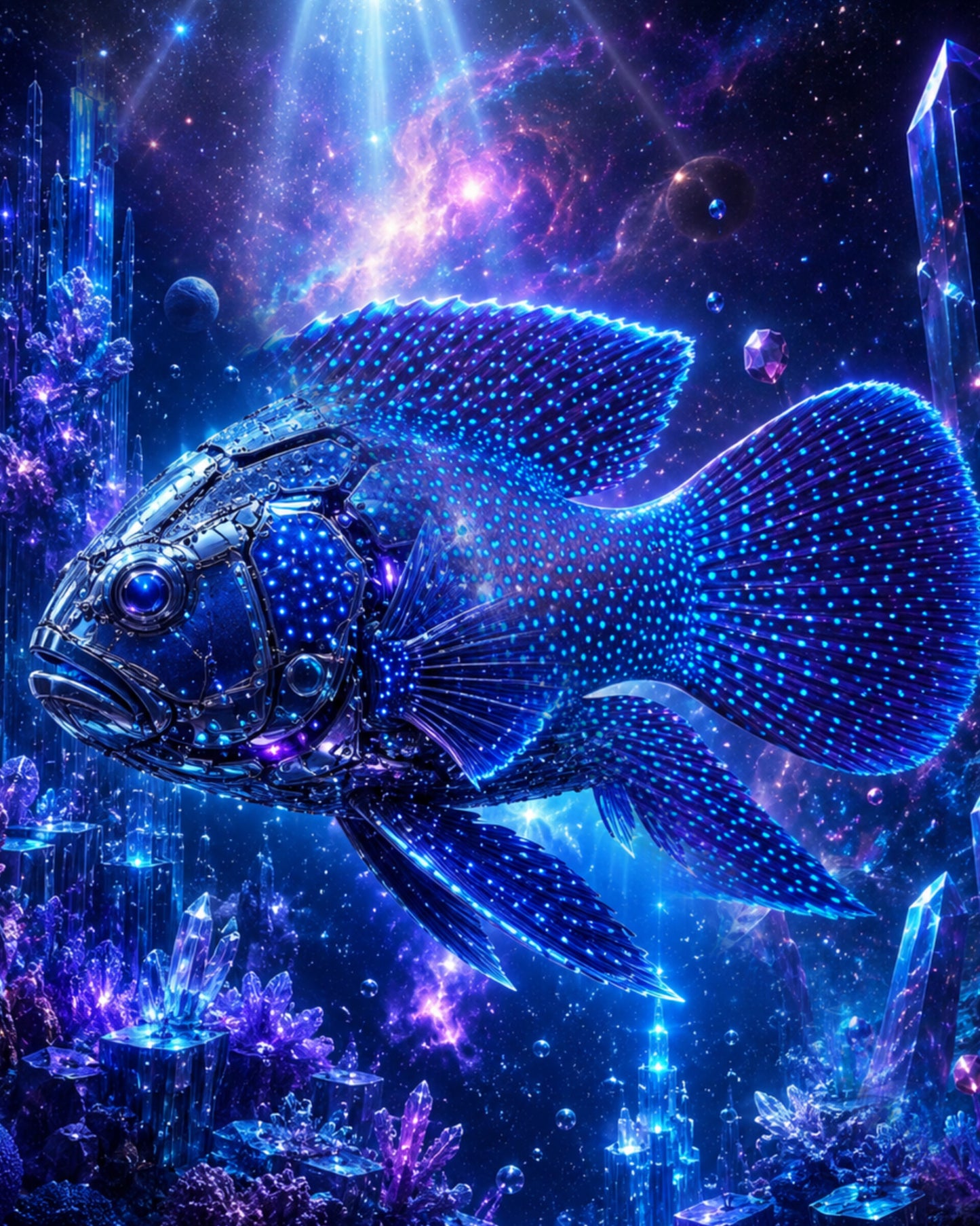 CECOZ Genesis Digital Soul #025 — Southern Blue Devil (Paraplesiops meleagris), a deep-blue cave-dwelling fish covered in glowing electric-blue spots with long flowing fins, rendered as luminous digital art