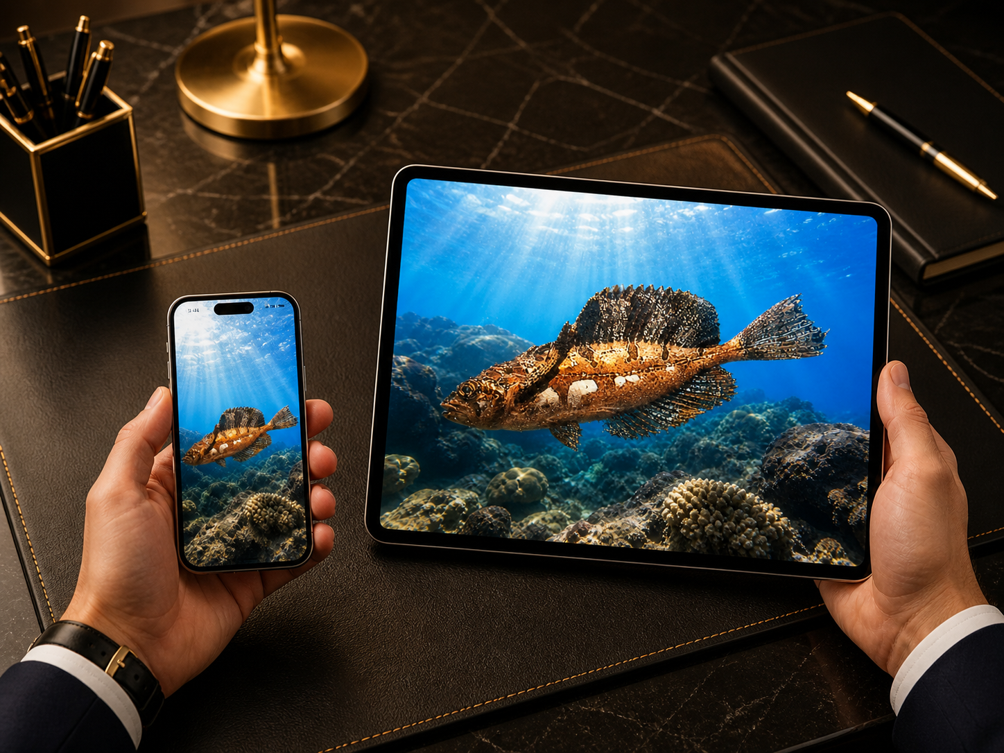 Digital marine atlas and infographic care card of the Blepsias Sculpin (Blepsias sp.) showcasing its textured, leaf-like camouflaged body and prominent tall fins.