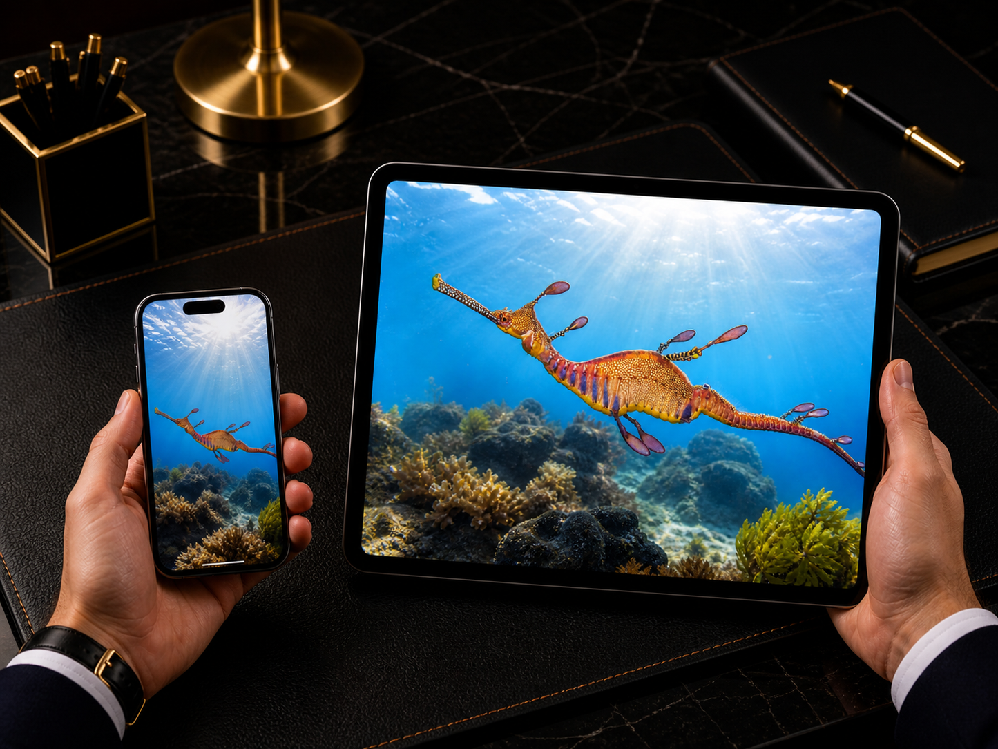 Digital marine atlas and infographic care card of the Weedy Seadragon Deep Water Form (Phyllopteryx taeniolatus) showing its elegant elongated body and peaceful mid-water swimming form.