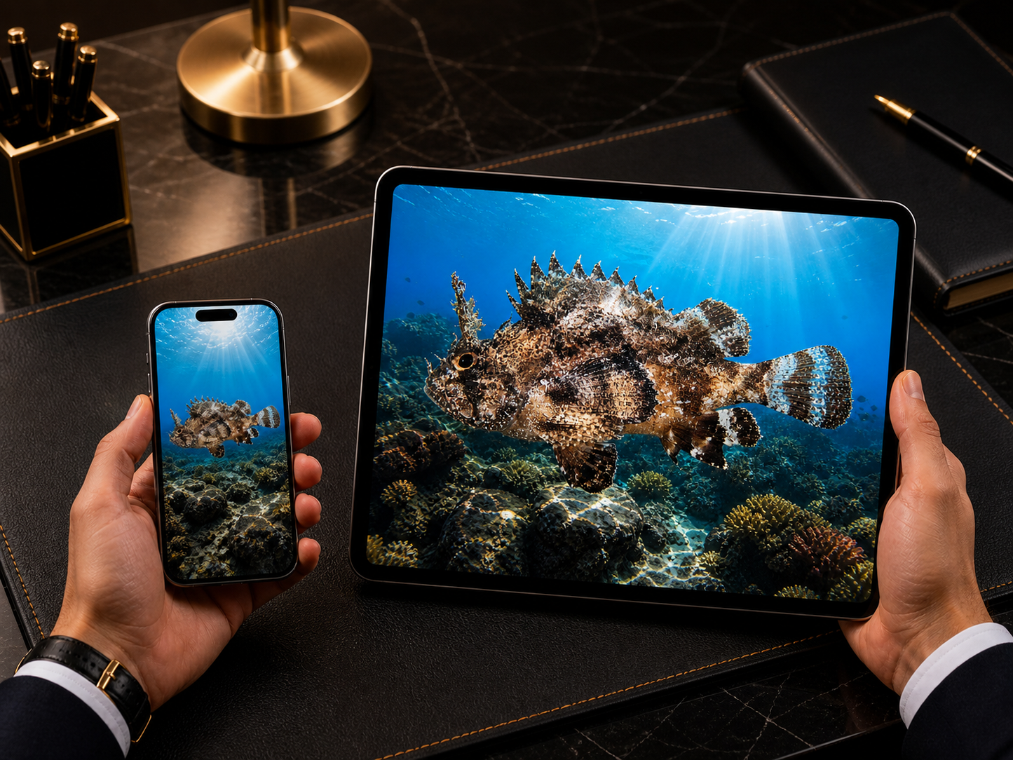 Digital marine atlas and infographic care card of the Plumed Scorpionfish (Scorpaena grandicornis) showing its spiny camouflaged body and venomous bottom-dwelling predatory form.