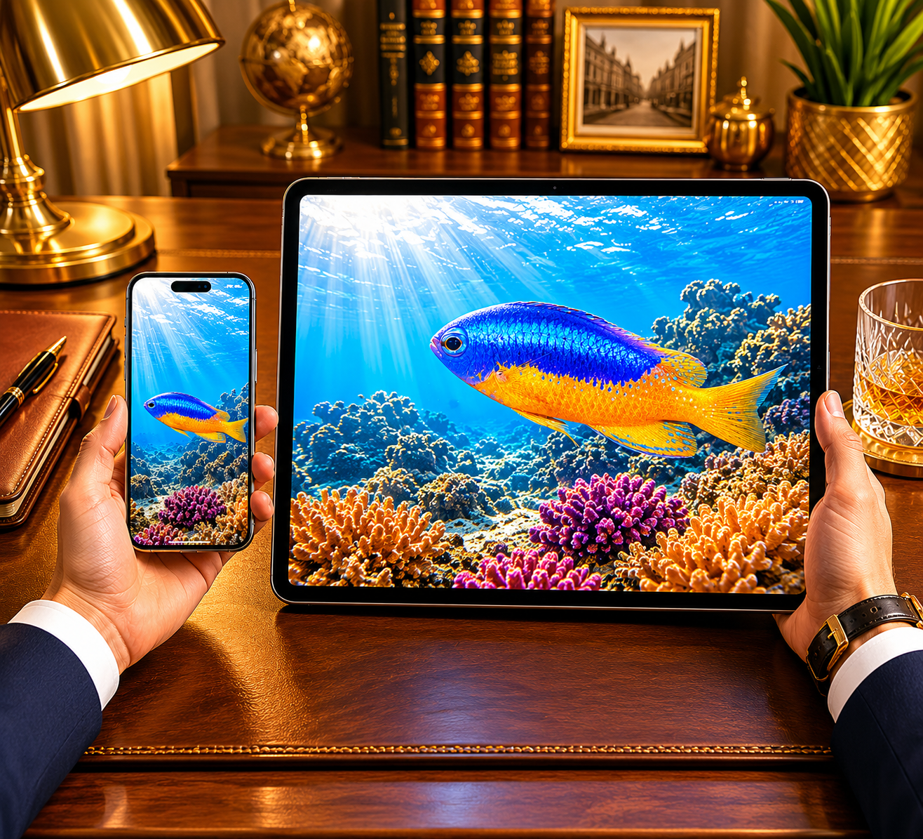 Digital marine atlas and infographic care card of the Neon Damselfish (Pomacentrus coelestis) showcasing its electric-blue upper body and golden-orange lower belly.