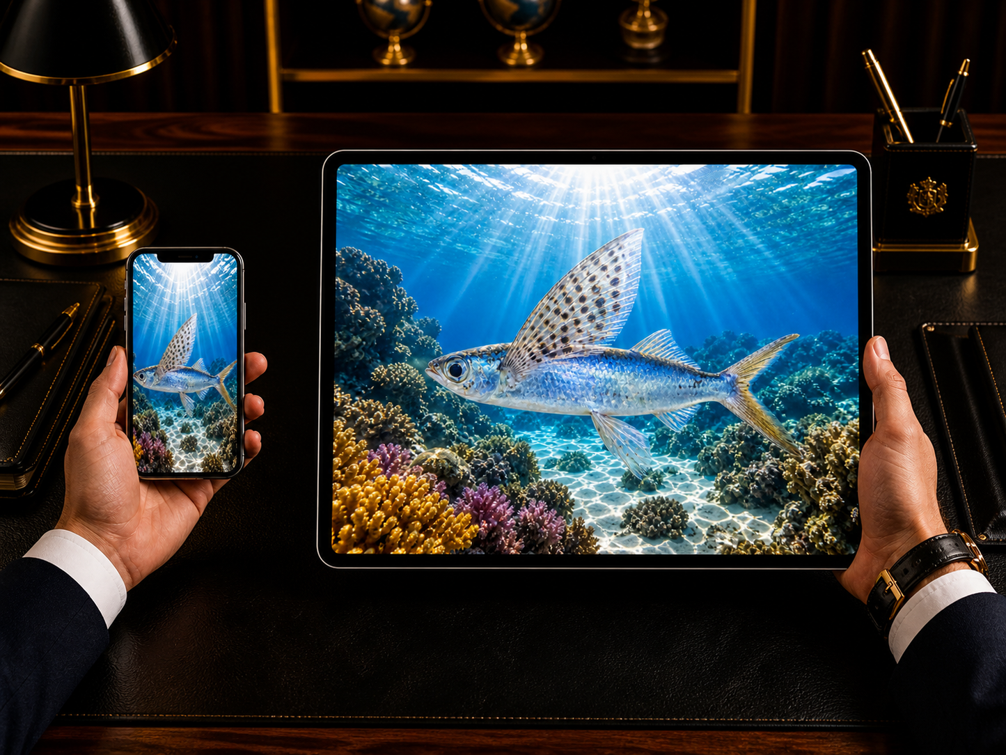 Digital marine atlas and infographic care card of the Spotwing Flyingfish (Cypselurus poecilopterus) showcasing its silvery body and large, dark-spotted wing-like pectoral fins.