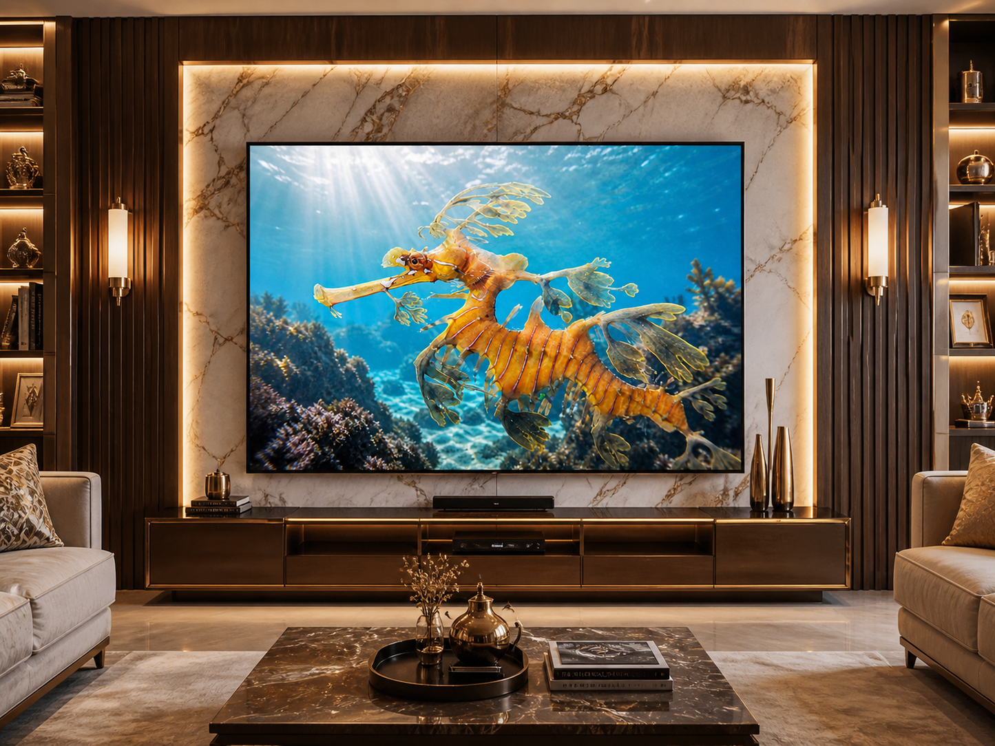 Digital marine atlas and infographic care card of the Leafy Seadragon Golden Form (Phycodurus eques) showing its golden body, leaf-like appendages, and peaceful reef-dwelling form.