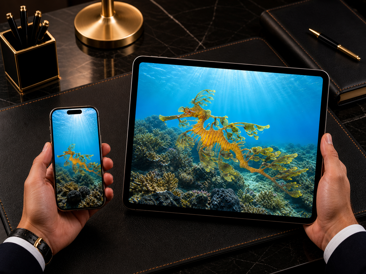Digital marine atlas and infographic care card of the Leafy Seadragon (Phycodurus eques) showing its elegant leaf-like body and peaceful mid-water swimming form.