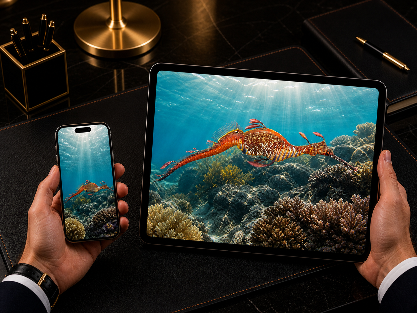 Digital marine atlas and infographic care card of the Weedy Seadragon Shallow Water Form (Phyllopteryx taeniolatus) showing its elegant body and peaceful mid-water swimming behavior.