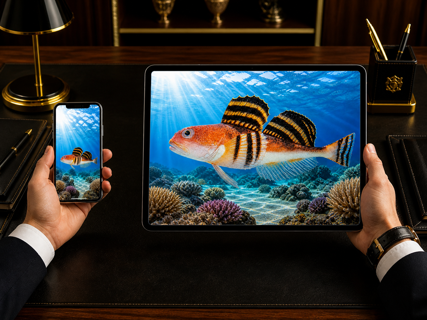 Digital marine atlas and infographic care card of the Black-edged Sculpin (Gymnocanthus herzensteini) showcasing its banded, black-edged dorsal fins and camouflaged body resting on the seabed.